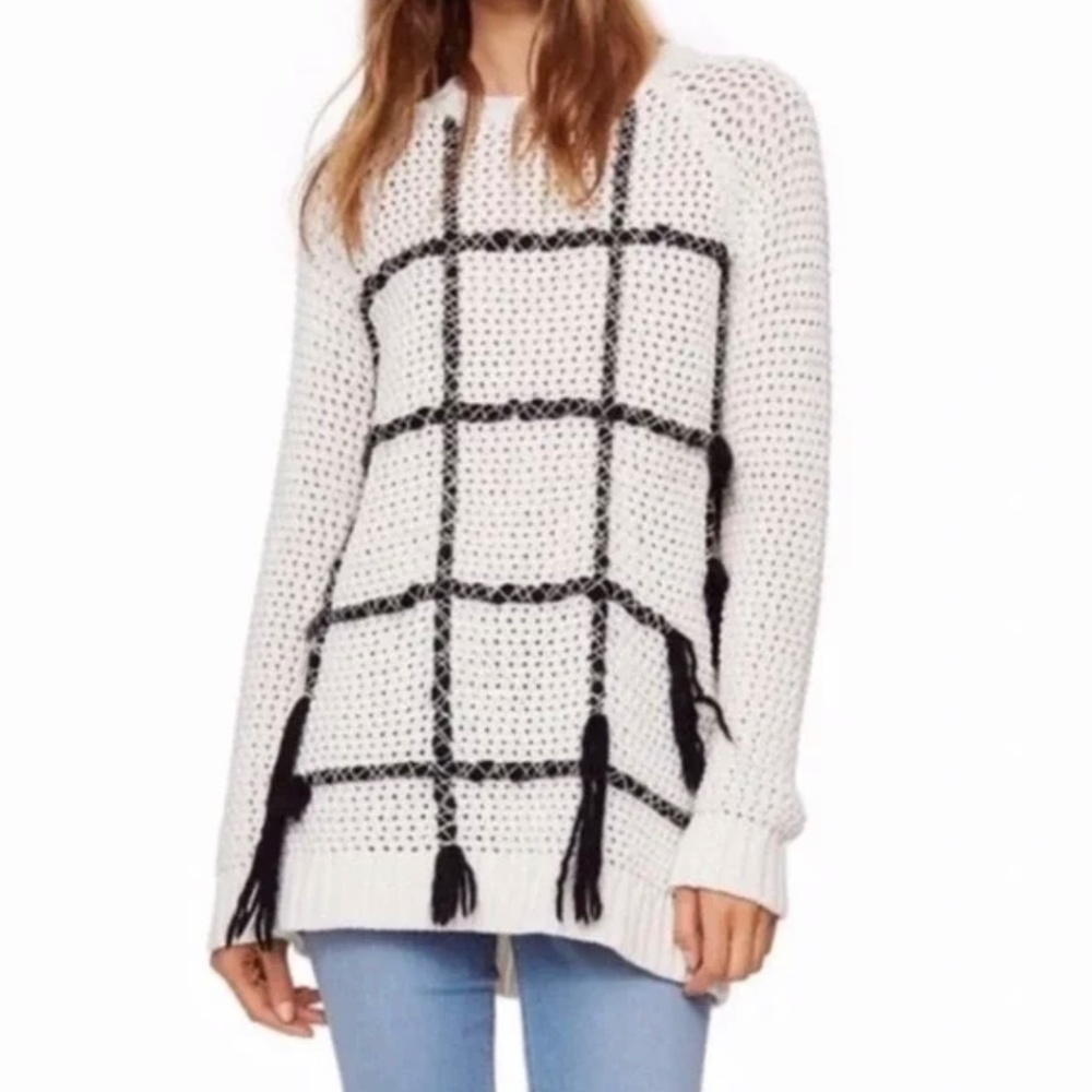 NWT Tory Burch Off-white Cotton Open Knit Wool Grid Pattern Longline Sweater